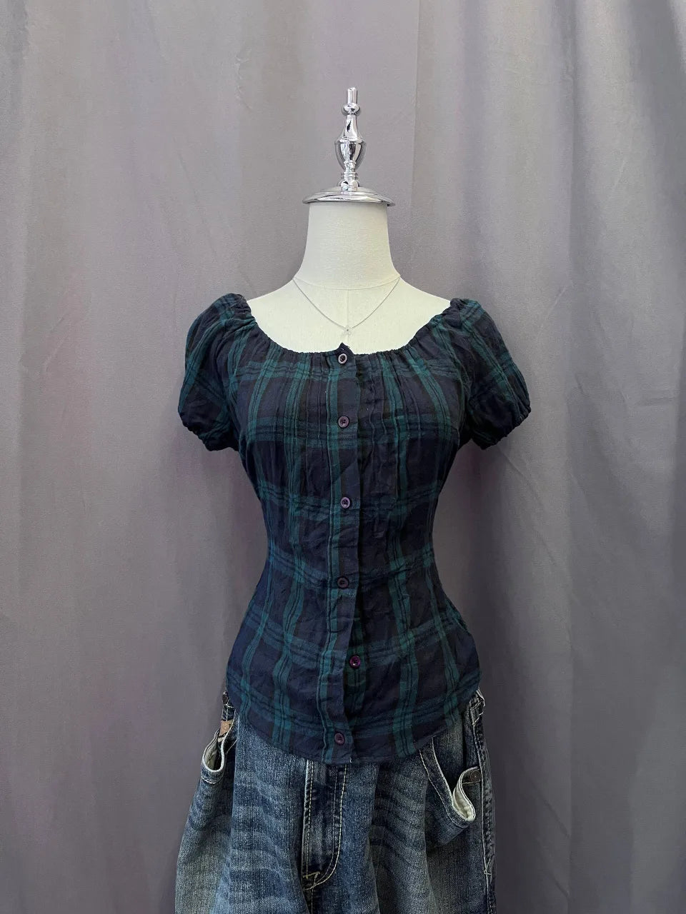 Green Plaid Babydoll Blouse 1