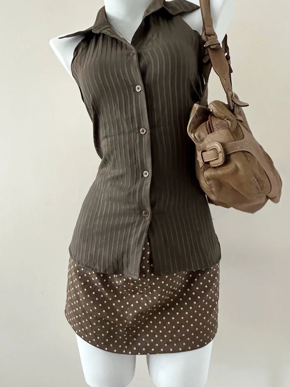 Greenish Brown Polka Dot Mini Skirt 1
