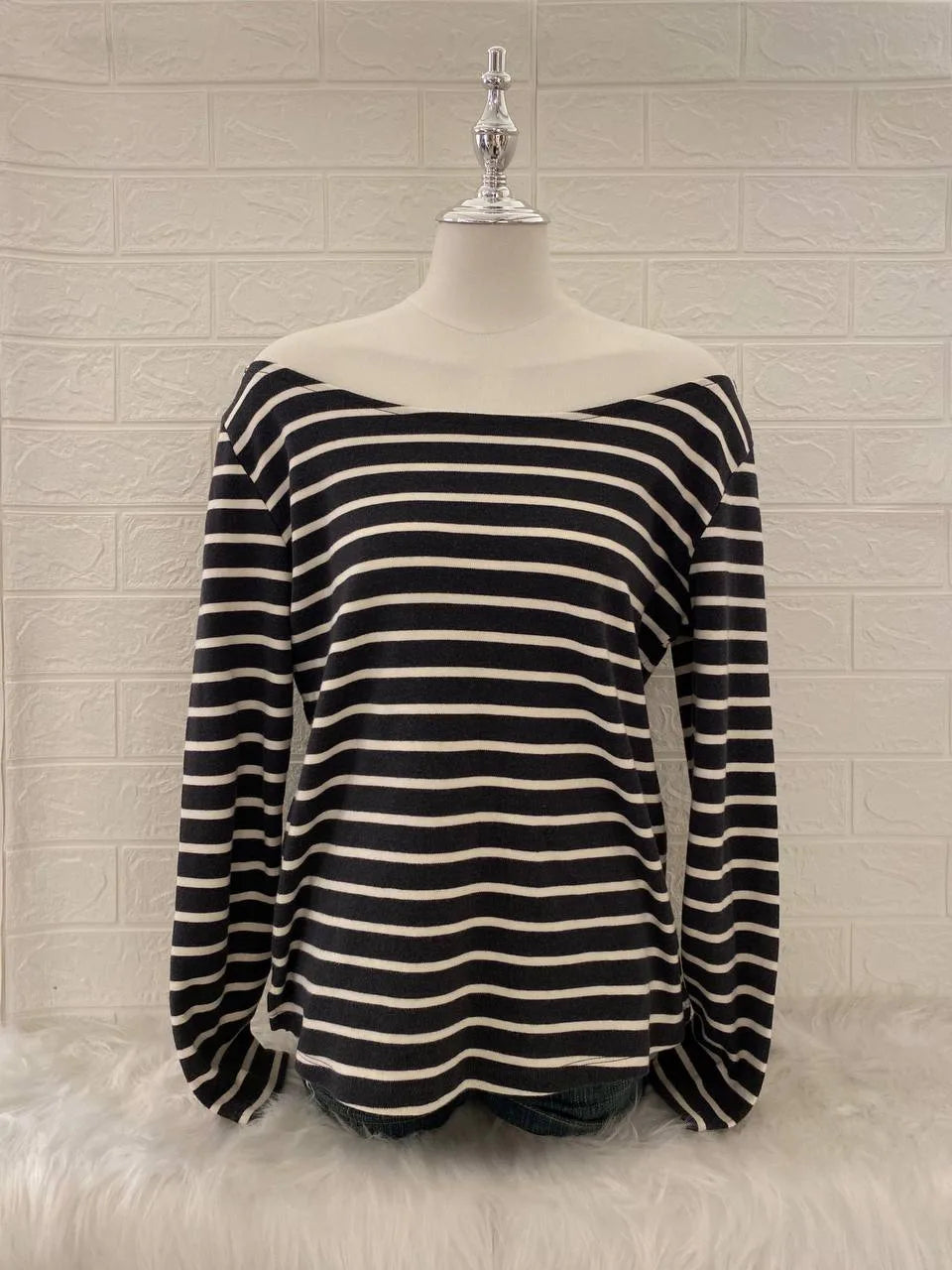 Grey Stripe Off Shoulder Top 1