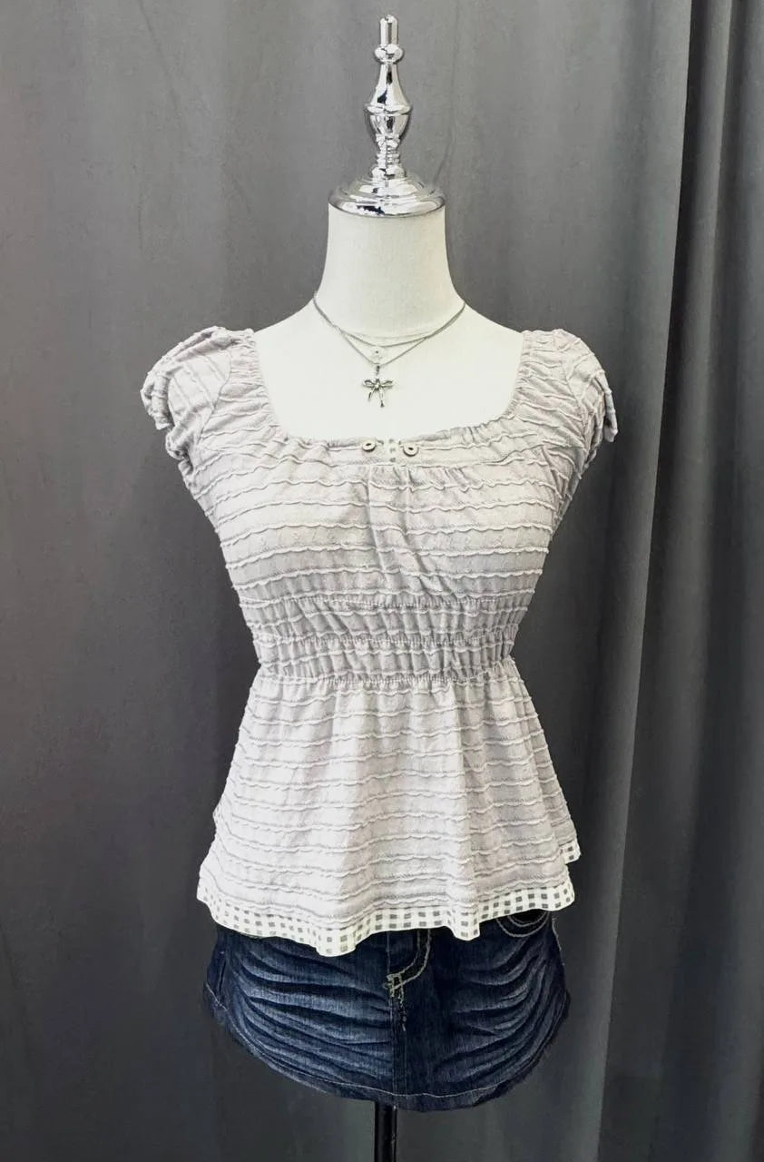 Grey striped reworked milkmaid blouse 1