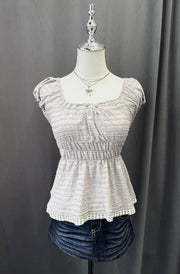 Grey striped reworked milkmaid blouse 1