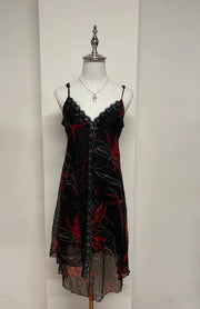 Lace Trim Black and Red Floral Dress 1