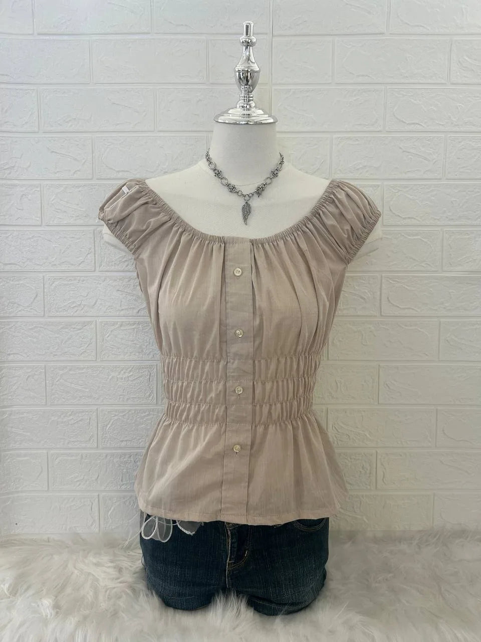 Light Beige Cinched Milkmaid Blouse 1