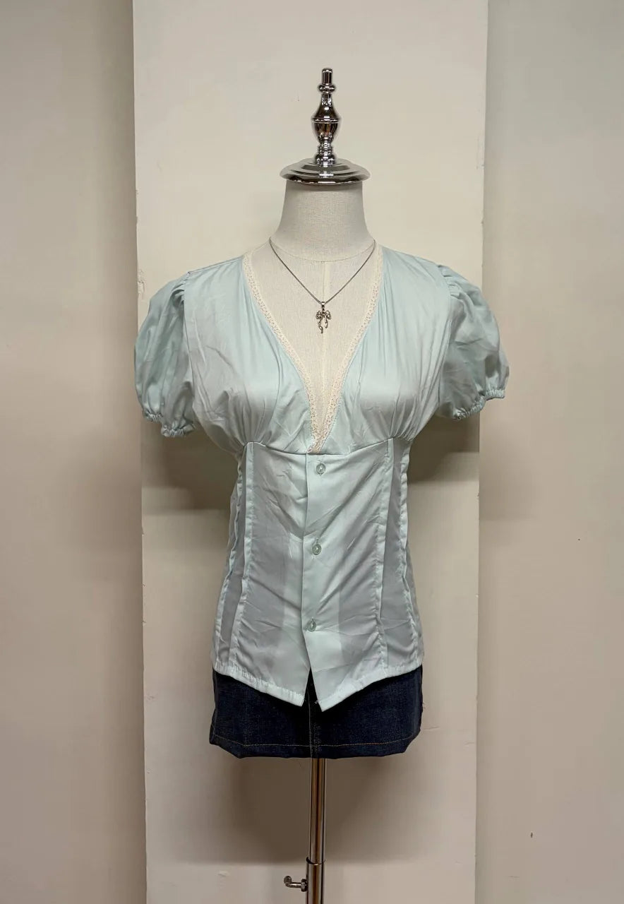 Light Blue Puff Sleeve Blouse 1
