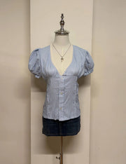 Light Blue Striped Puff Sleeve Blouse 1