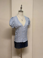 Light Blue Striped Puff Sleeve Blouse 2