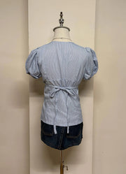 Light Blue Striped Puff Sleeve Blouse 3