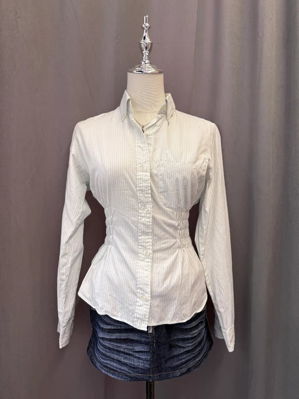 Light Blue Striped Reworked Long Sleeve Blouse 1