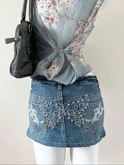 Medium Wash with Butterfly Embroidery Denim Skirt 3