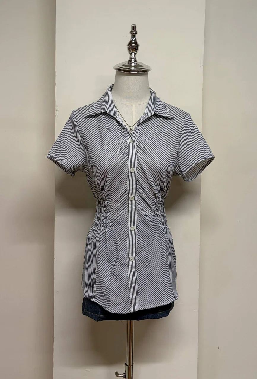 Monochrome Diagonal Striped Cinched Blouse 1