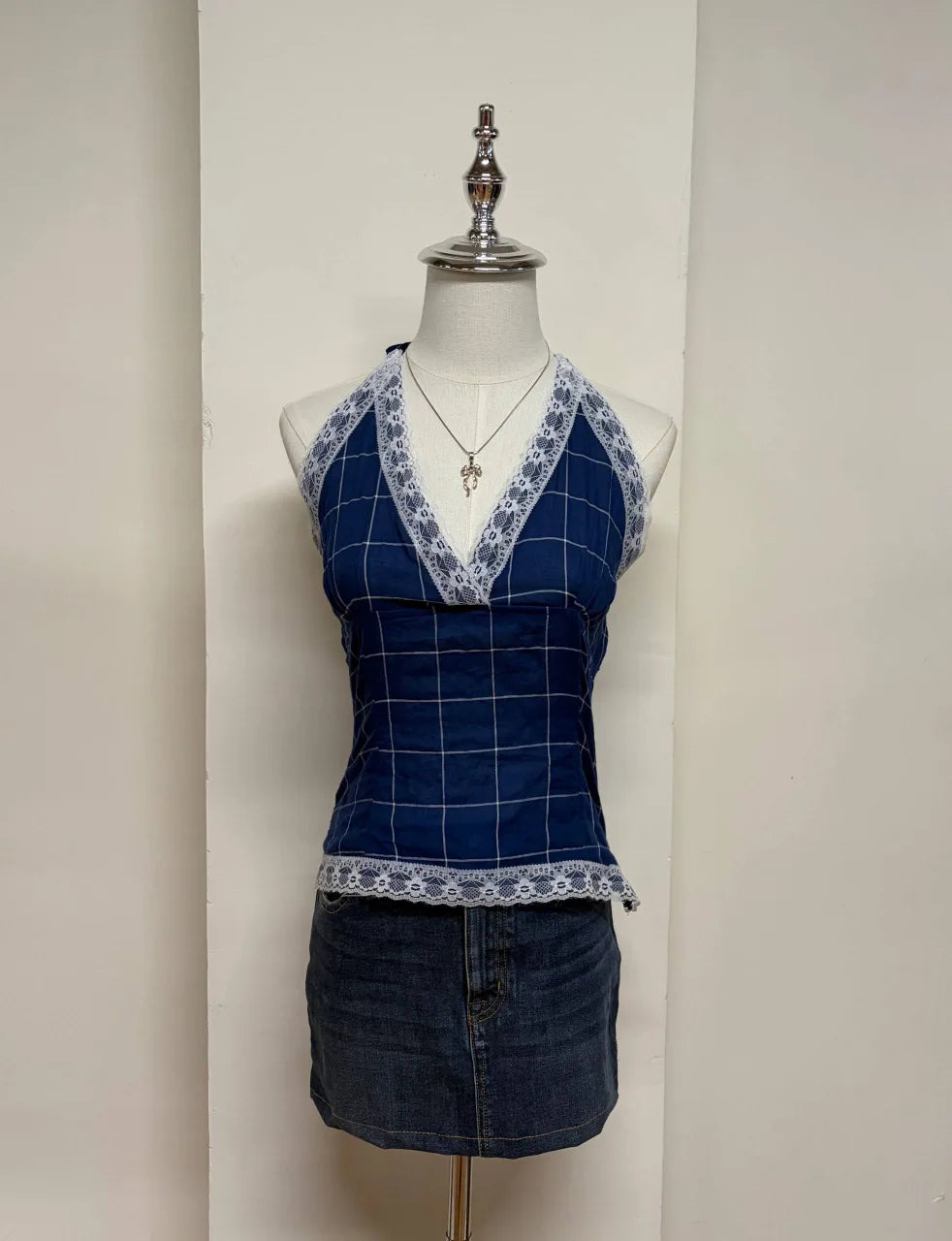 Navy Grid Pattern Lace Trim Halter 1