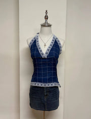 Navy Grid Pattern Lace Trim Halter 1