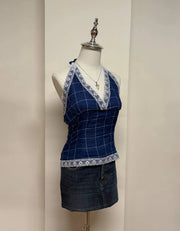 Navy Grid Pattern Lace Trim Halter 2