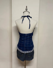 Navy Grid Pattern Lace Trim Halter 3