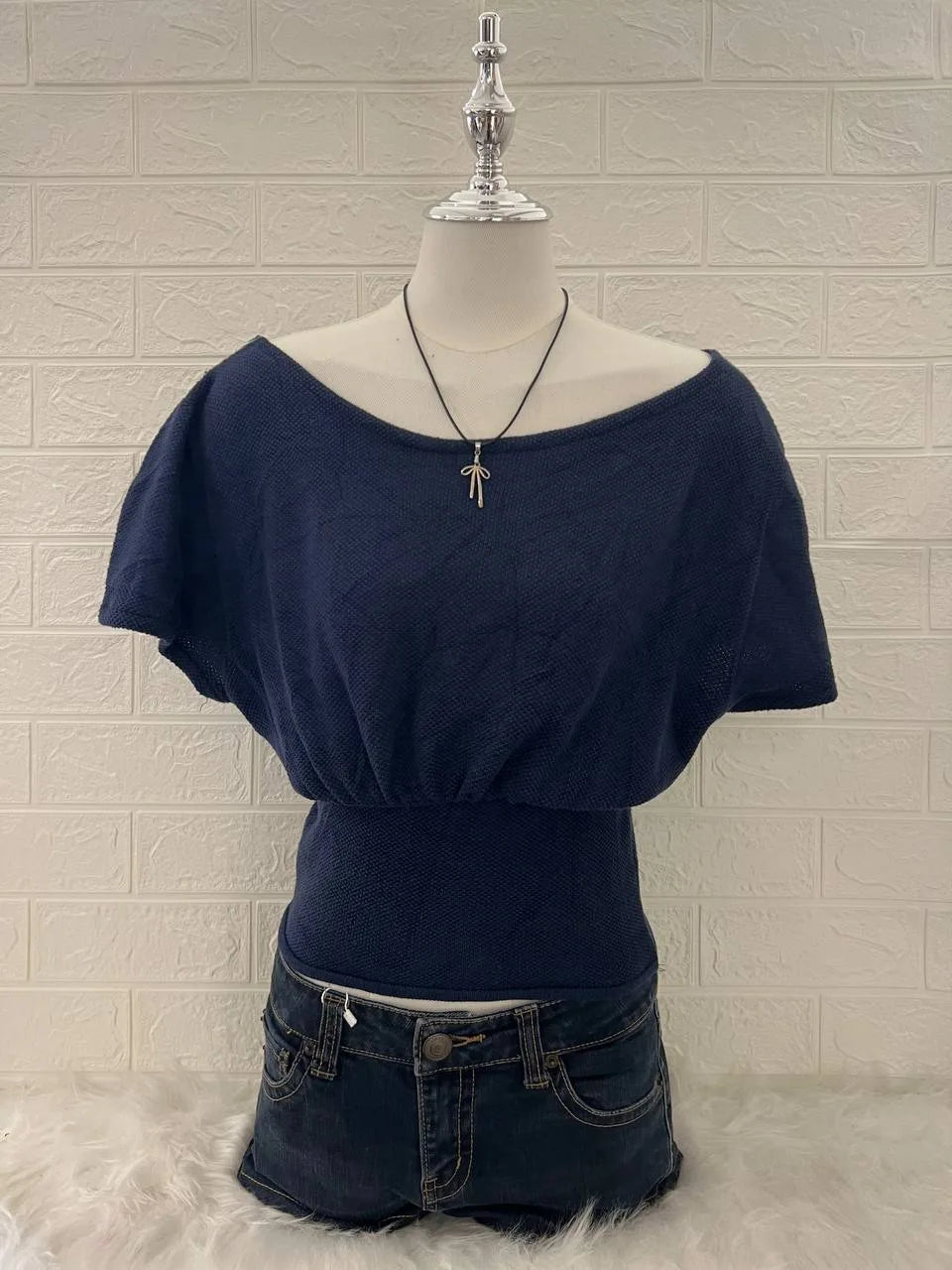 Navy Waffle Knit Slouchy Off Shoulder 1