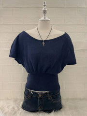 Navy Waffle Knit Slouchy Off Shoulder 1