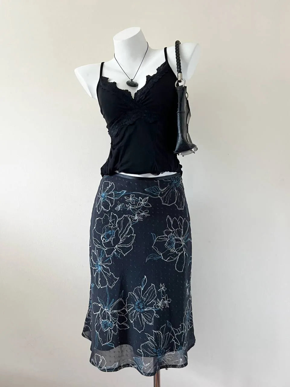 Navy with Blue Florals and Embroidered Texture Midi Skirt 1