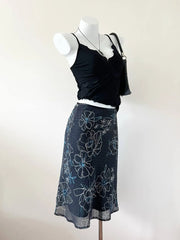 Navy with Blue Florals and Embroidered Texture Midi Skirt 2