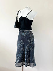Navy with Blue Florals and Embroidered Texture Midi Skirt 3