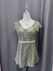 Olive Green Lace Overlay Babydoll Sequin Neckline Blouse 1