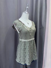 Olive Green Lace Overlay Babydoll Sequin Neckline Blouse 2