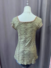 Olive Green Lace Overlay Babydoll Sequin Neckline Blouse 3
