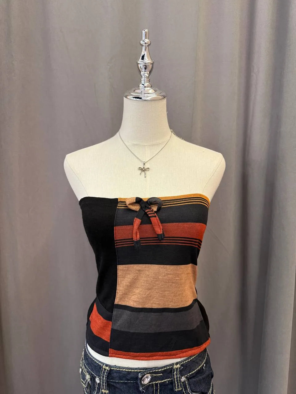 Orange Black Patterned Reworked Tube Top 1