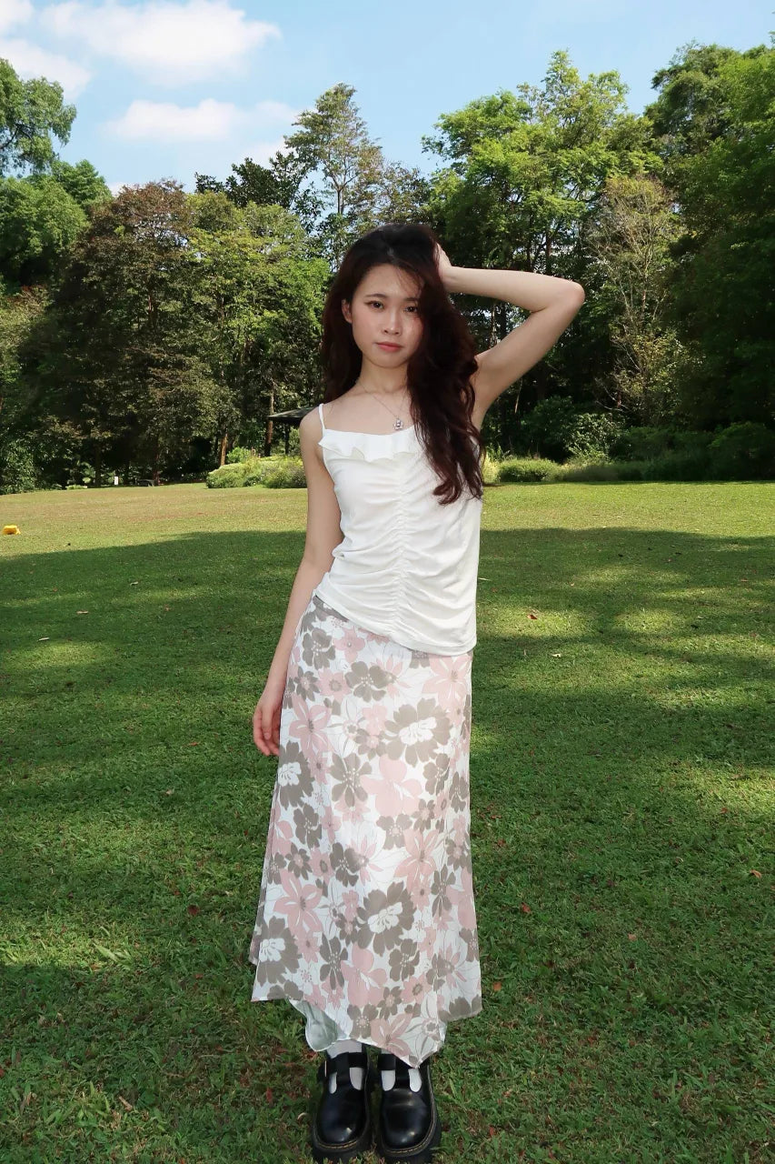 Pale Grey & Pink Asymmetrical Floral Midi Skirt 1