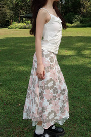 Pale Grey & Pink Asymmetrical Floral Midi Skirt 2