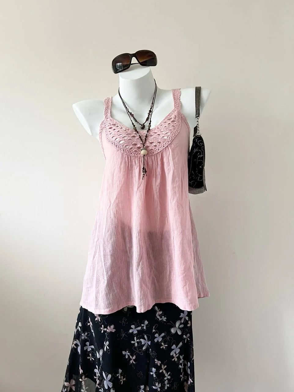 Pink Crochet Neckline Babydoll Tank 1