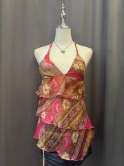Pink Floral Printed Reworked Halter 1