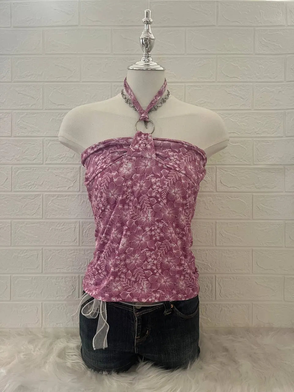 Pink Flower Reworked Halter (2-way) 1