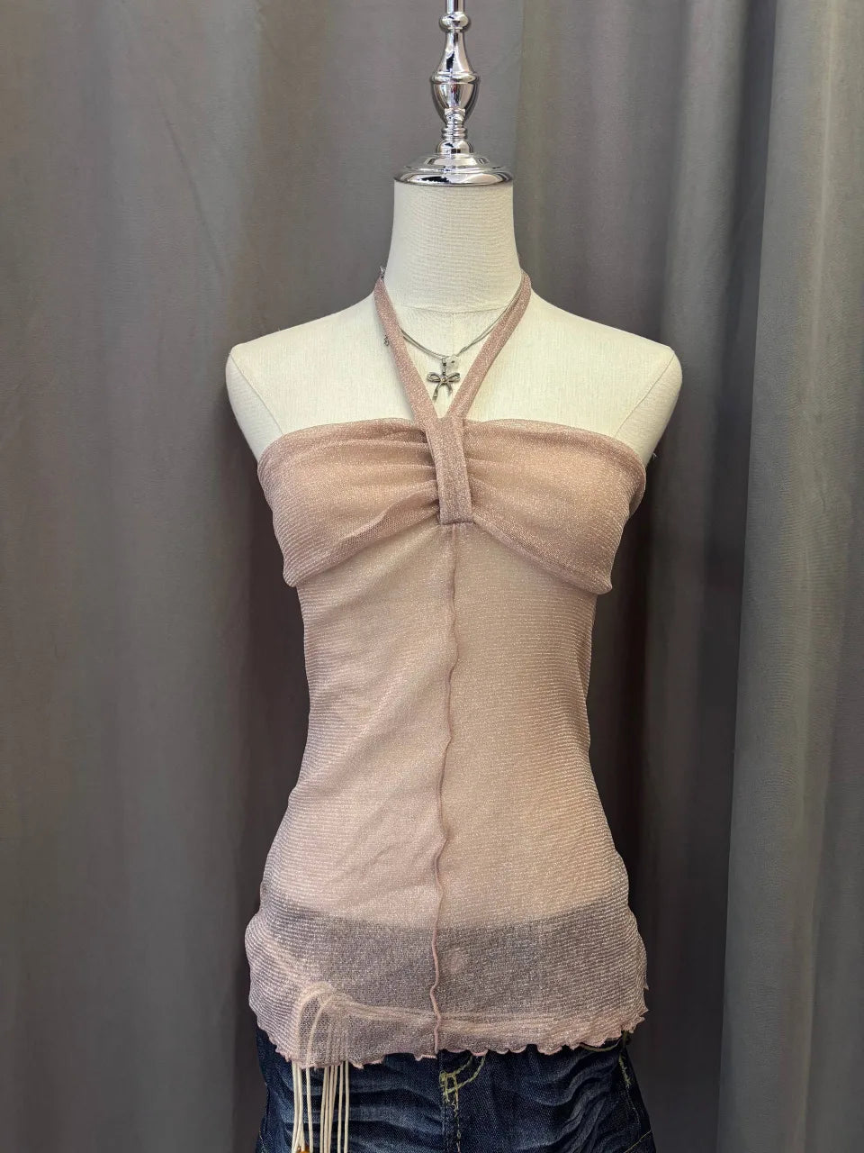 Pink Glittery Sheer Reworked Halter 1