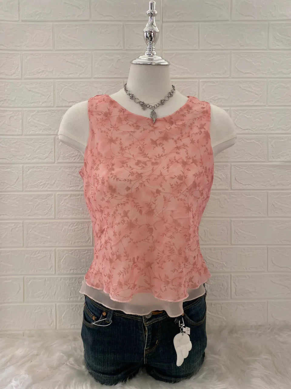 Pink Mesh Overlay Floral Tank 1