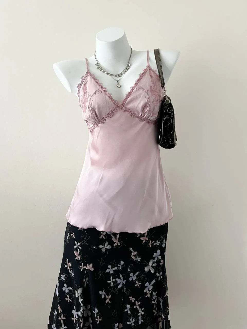 Pink Satin Mesh Embroidered Bust Cami 1