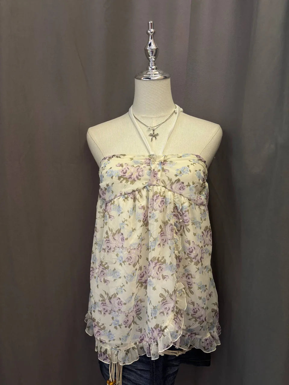 Purple and Blue Floral Print Reworked Halter 1