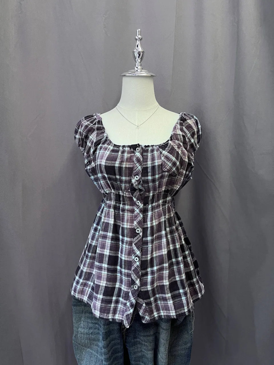 Purple Plaid Babydoll Blouse 1