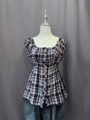 Purple Plaid Babydoll Blouse 1