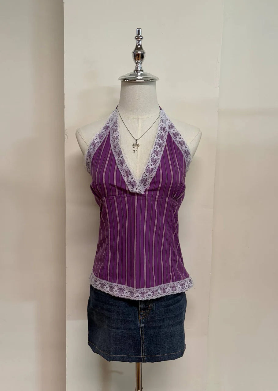 Purple Striped Lace Trim Halter 1