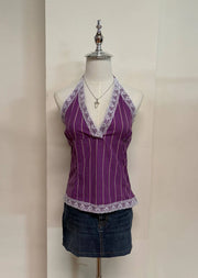 Purple Striped Lace Trim Halter 1
