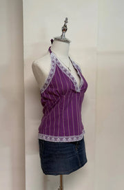 Purple Striped Lace Trim Halter 2