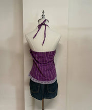 Purple Striped Lace Trim Halter 3