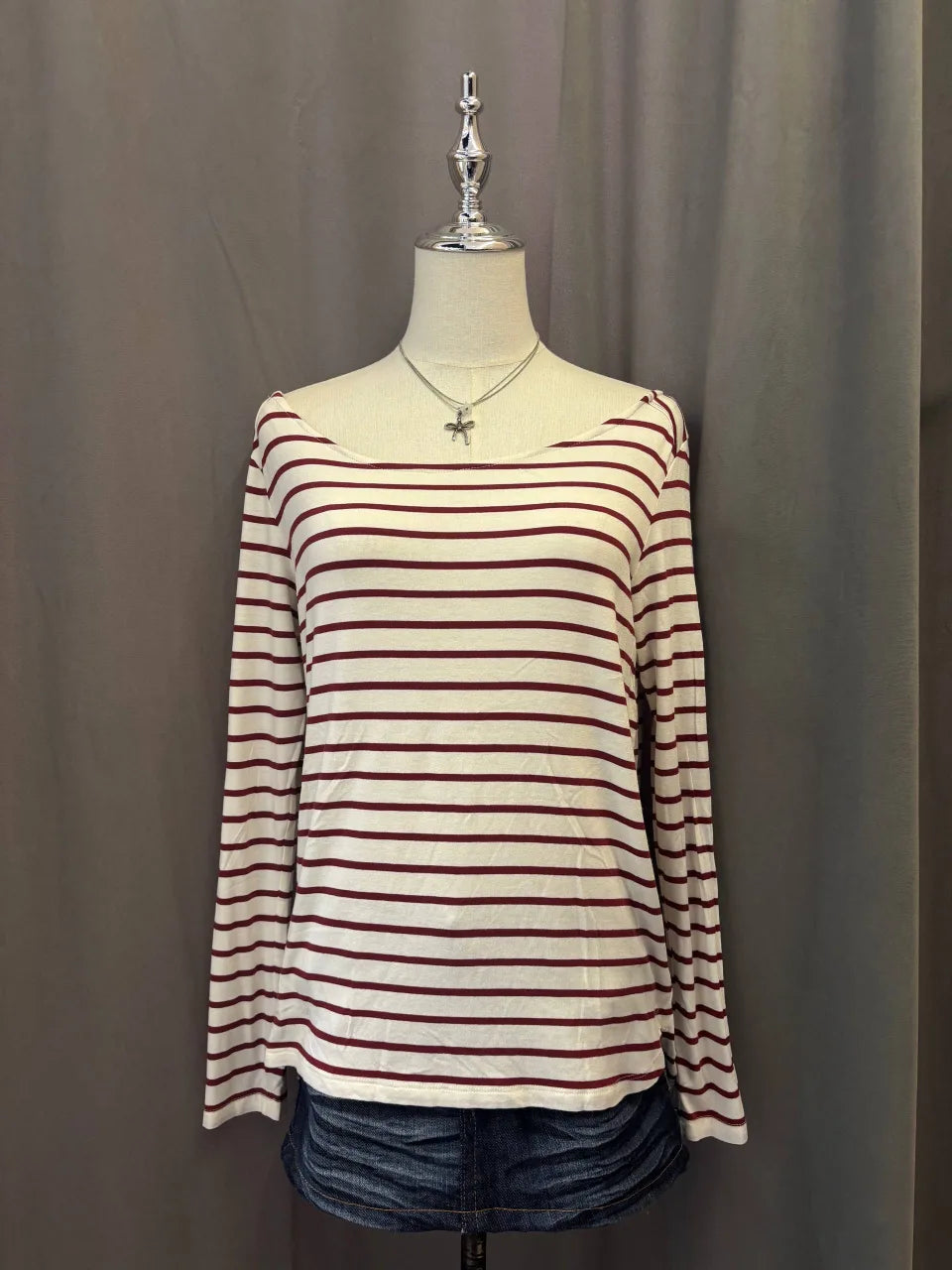Red and White Striped Long Sleeve Off-Shoulder Top 1
