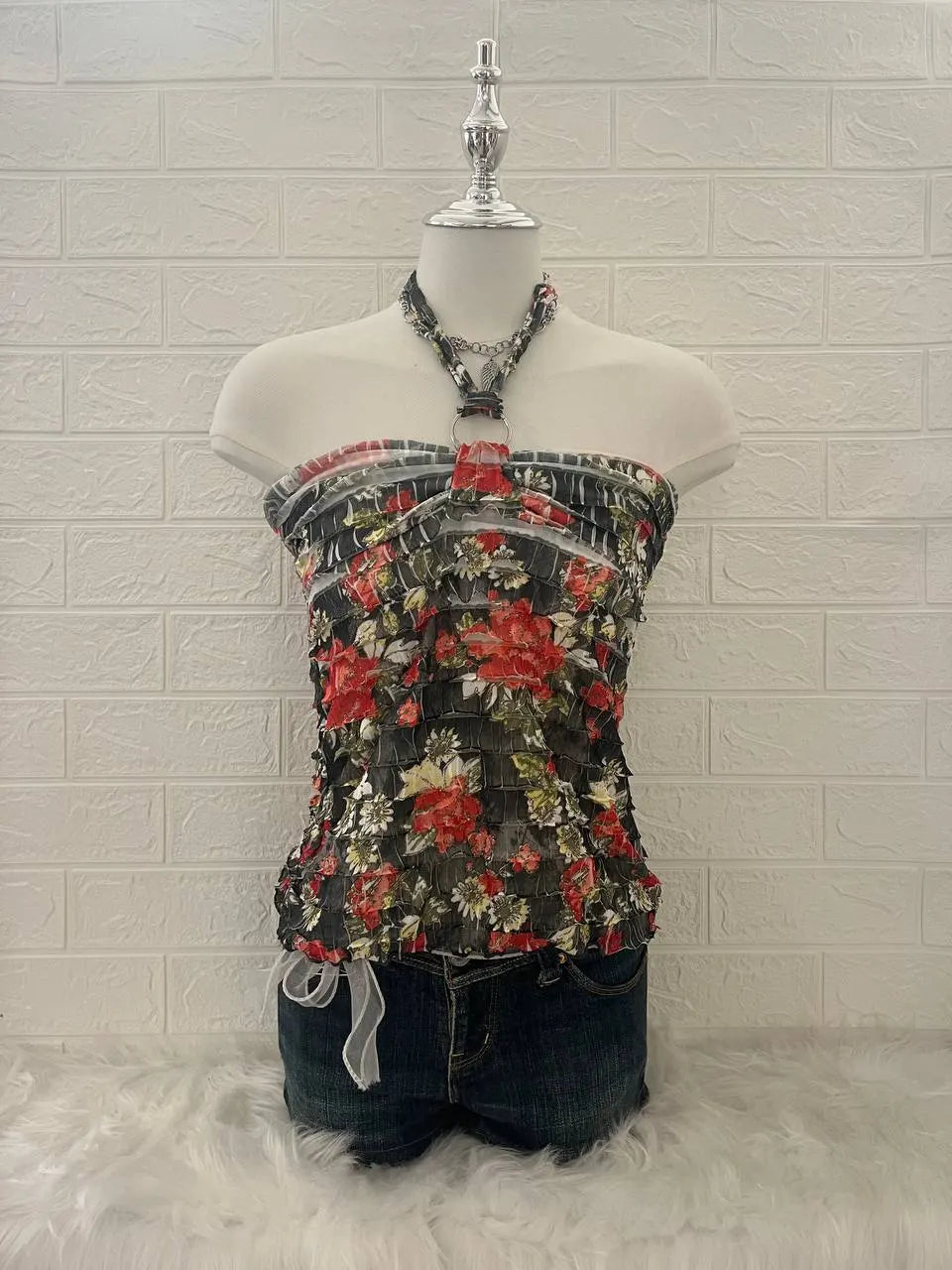 Red & Black Flower Reworked Halter (2-way) 1