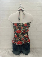 Red & Black Flower Reworked Halter (2-way) 2