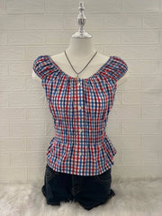 Red & Blue Checkered Reworked Milkmaid Blouse 1