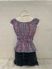 Red & Blue Checkered Reworked Milkmaid Blouse 2