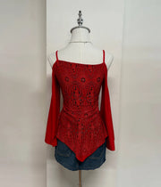 Red Shimmery Handkerchief Hem Drop Shoulder Cami 3