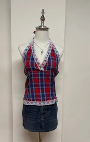 Red Tartan Print Lace Trim Halter 1