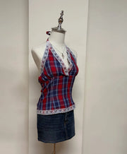 Red Tartan Print Lace Trim Halter 2